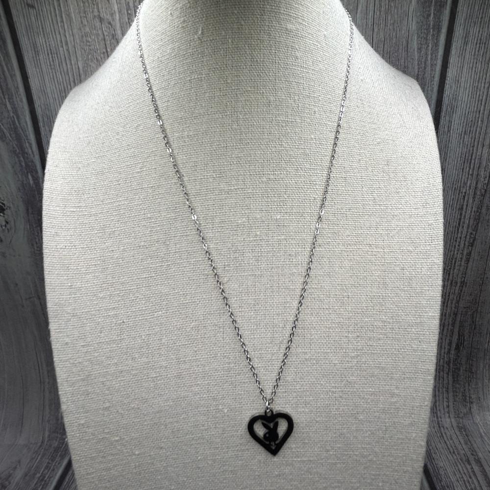 NEW PLAYBOY Cutout Heart Playboy Bunny Pendant Necklace Silver Y2K - Picture 13 of 13